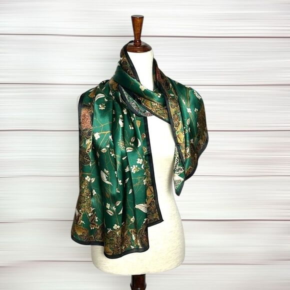 Silk Oblong Scarf Green Floral Birds Butterflies Print 20x66” - Picture 3 of 10